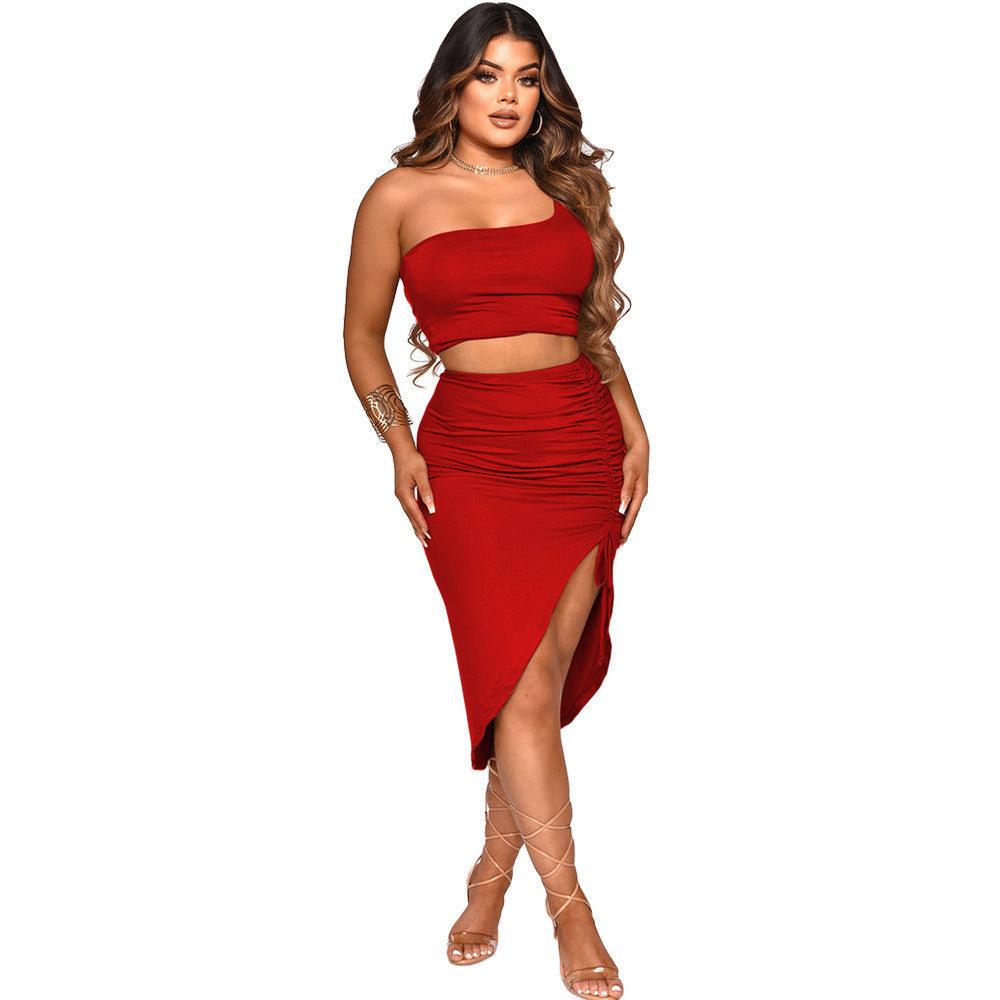 Ladies Solid Color Gathered One Shoulder Skirt Set