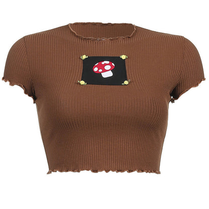Printed Pullover Slim Fit Crew Neck Short T-Shirt Crop Navel T-Shirt