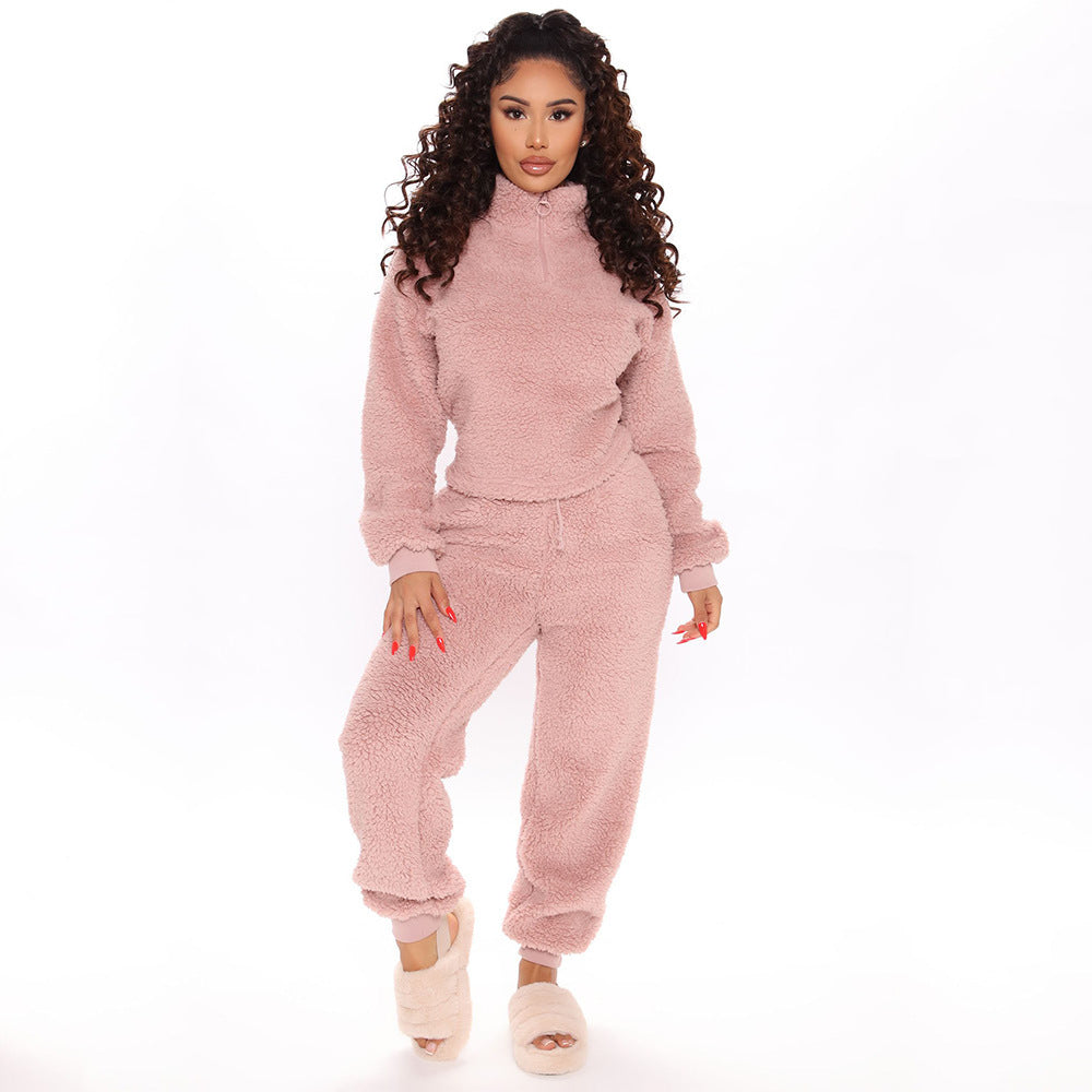 Casual Flannel Long-Sleeved Solid Color Sports Suit