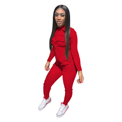 Solid Color Long Tooling Zipper Pocket Jumpsuit