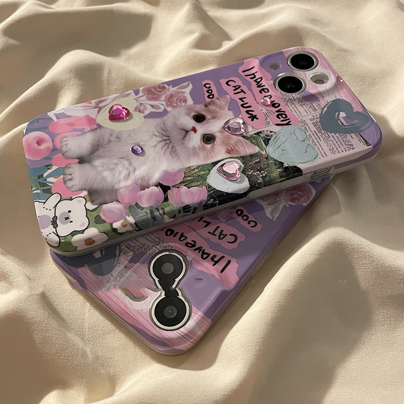 Cute Flower Cat Cartoon Niche Sticker Drill Phone Case