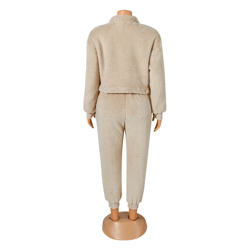 Casual Flannel Long-Sleeved Solid Color Sports Suit