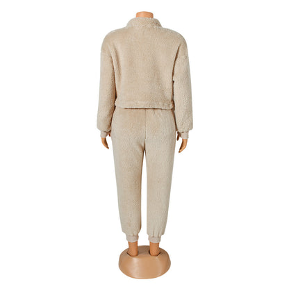 Casual Flannel Long-Sleeved Solid Color Sports Suit