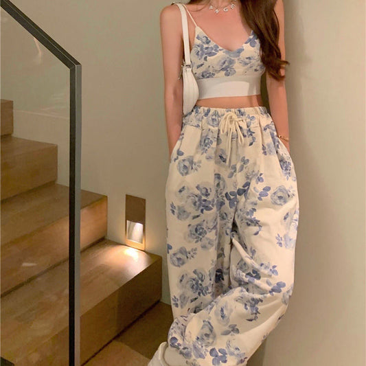 Suit Women Hong Kong Style Wide-leg Pants  Design Suspender Top