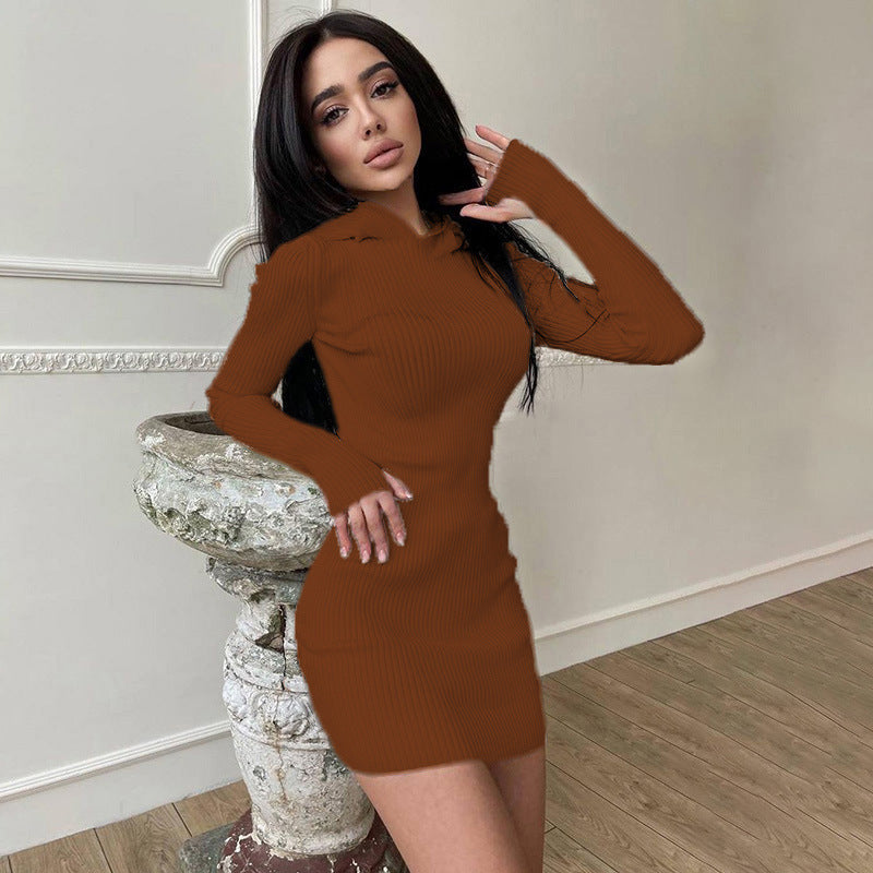 Hooded Long Sleeve Woolen Dress Women