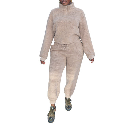Casual Flannel Long-Sleeved Solid Color Sports Suit
