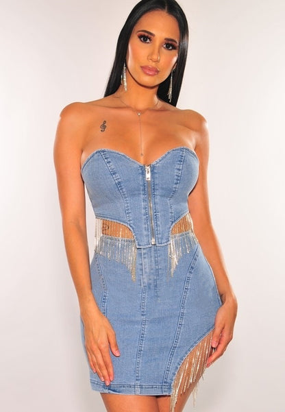 Sexy Denim Skirt Suit Tassel Chain