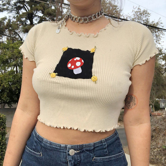 Printed Pullover Slim Fit Crew Neck Short T-Shirt Crop Navel T-Shirt