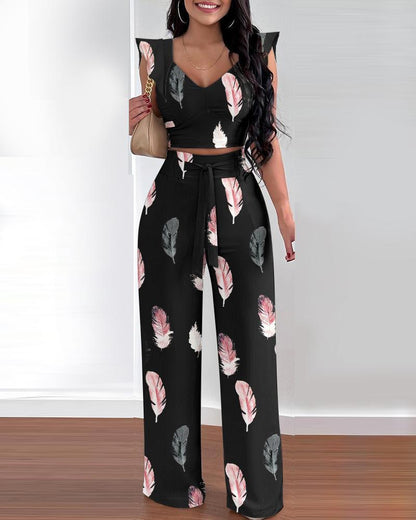 Women's Printed Polyester Trousers Casual Suit